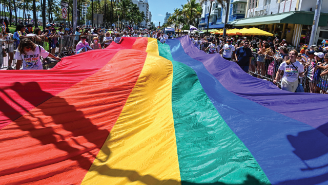 Revelers take part in the 17th annual Miami Beach Pride parade in Florida on April 6, 2025. (Giorgio Viera/AFP via Getty Images)
